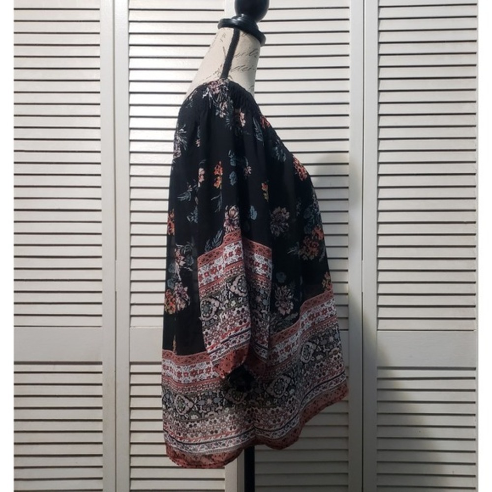 Knox Rose Semi Sheer Boho Blouse Women's XS Floral 3/4 Sleeve Smocked Neckline - Picture 4 of 9